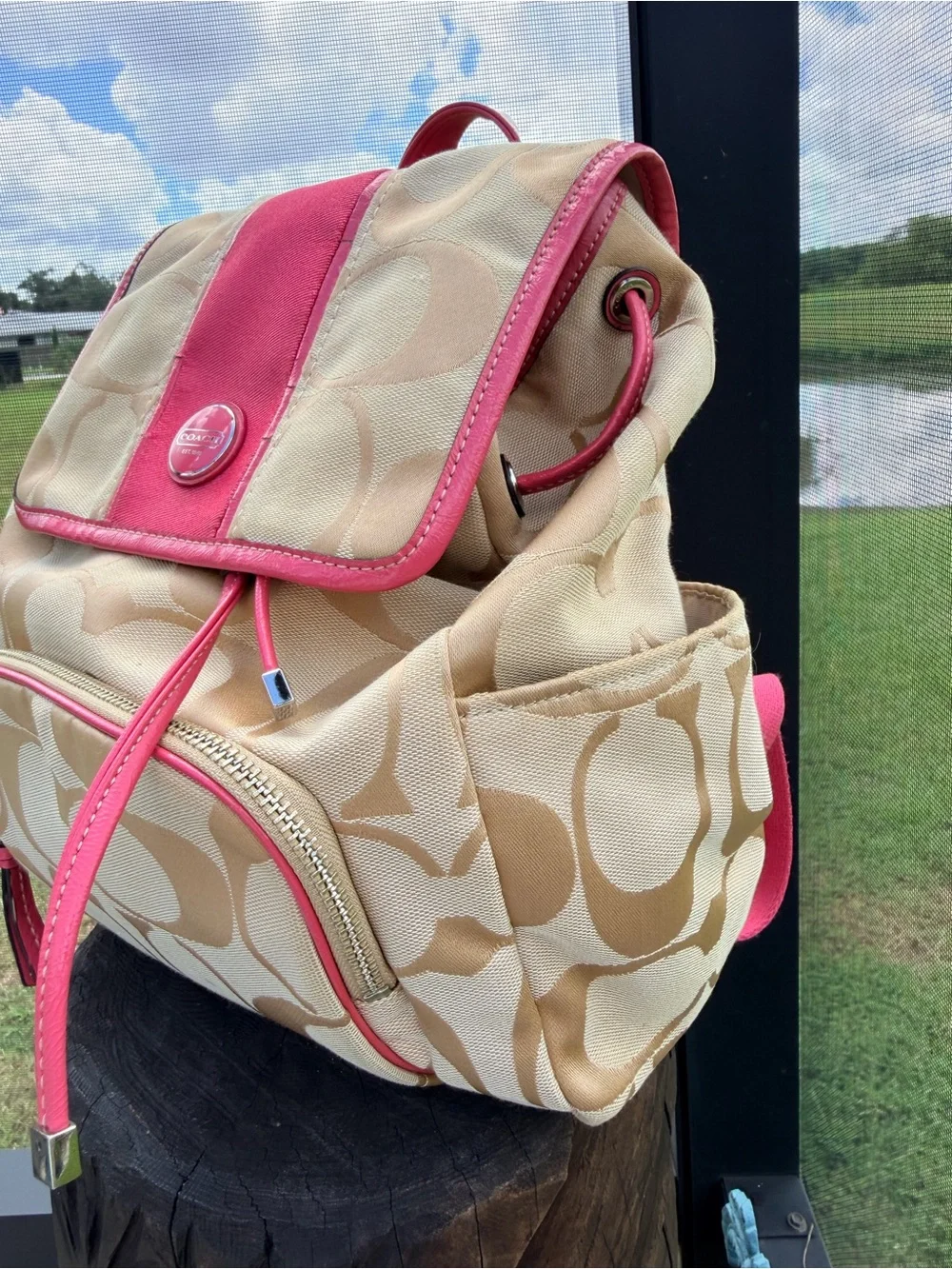 Coach F21928 Signature Stripe Backpack Khaki Pink Coral Y2K Jacquard